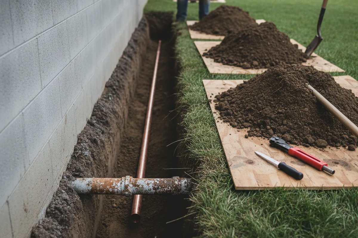 Excavated water line trench during Water Softener Installation in Pilgrim